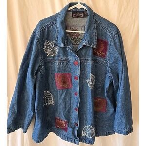 New Direction Woman Embroidered Jean‎ Shacket Denim Collared W/fall Leaves Sz 1X